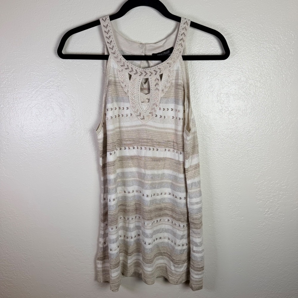 White House Black Market Women's L Beaded Metallic Striped Halter Neutral Boho